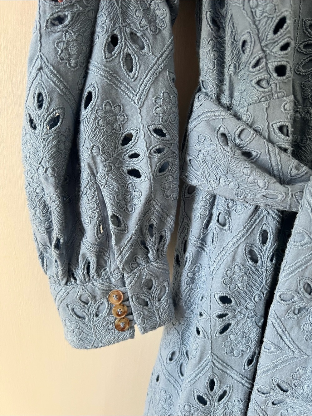 Sezane Bella Dress in Bleu Vintage, Eyelet Maxi w/ Tie Waist, size 36 - Picture 6 of 16
